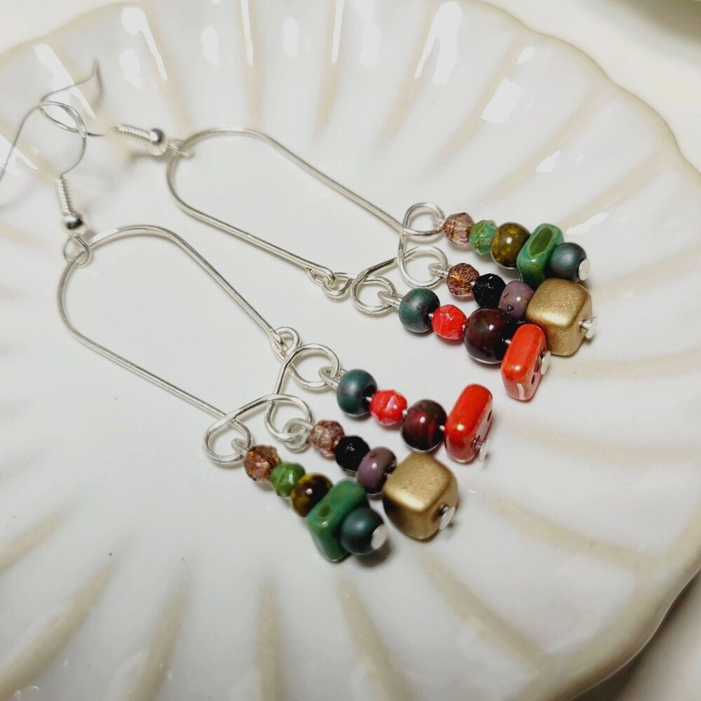 Green Glass Silver Hooks Hidden Meaning earrings Earthy Bohemian , Cabbage 669■